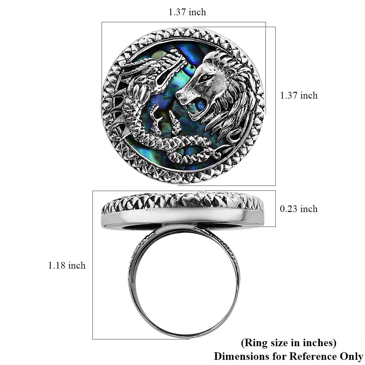 Bali Legacy Abalone Shell Lion and Dragon Ring in Sterling Silver (Size 10.0)