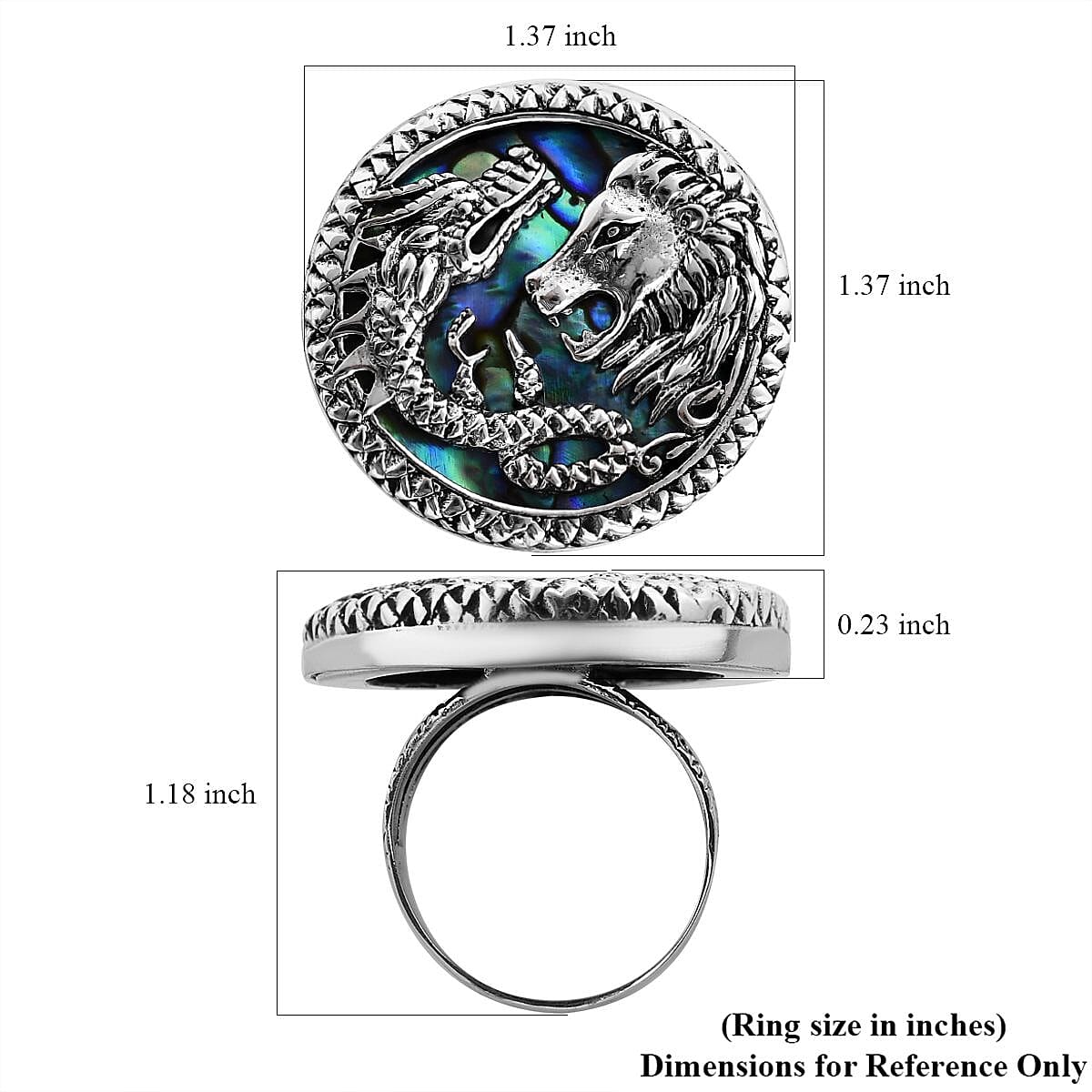 Bali Legacy Abalone Shell Lion and Dragon Ring in Sterling Silver (Size 10.0)