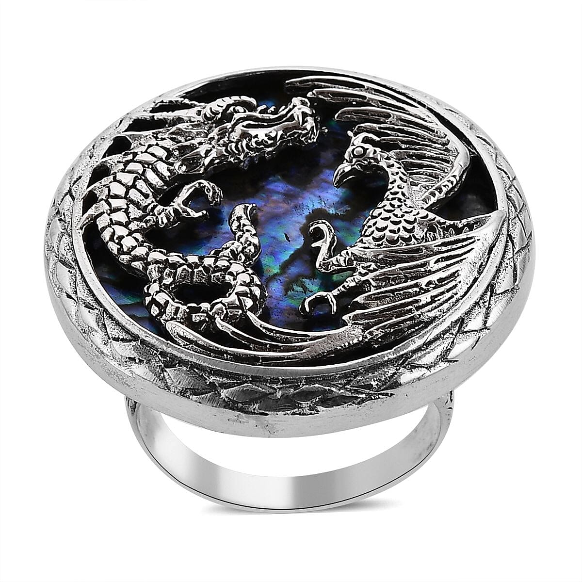 Bali Legacy Abalone Shell Lion and Dragon Ring in Sterling Silver (Size 10.0)