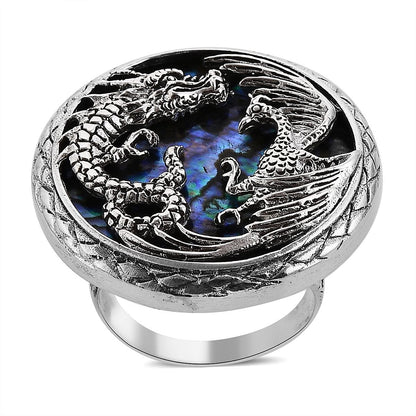 Bali Legacy Abalone Shell Lion and Dragon Ring in Sterling Silver (Size 10.0)