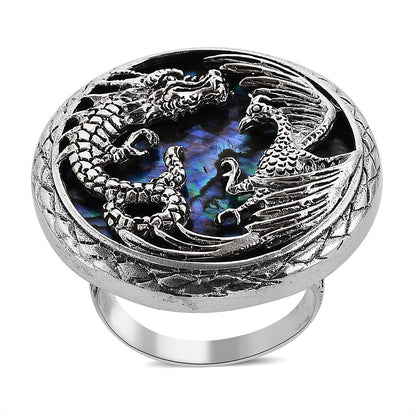 Bali Legacy Abalone Shell Lion and Dragon Ring in Sterling Silver (Size 10.0)