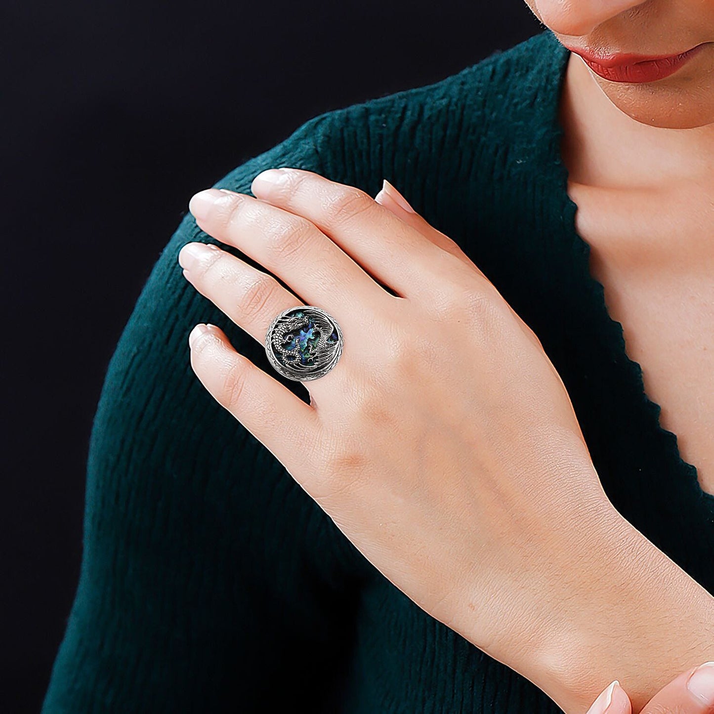 Bali Legacy Abalone Shell Lion and Dragon Ring in Sterling Silver (Size 10.0)