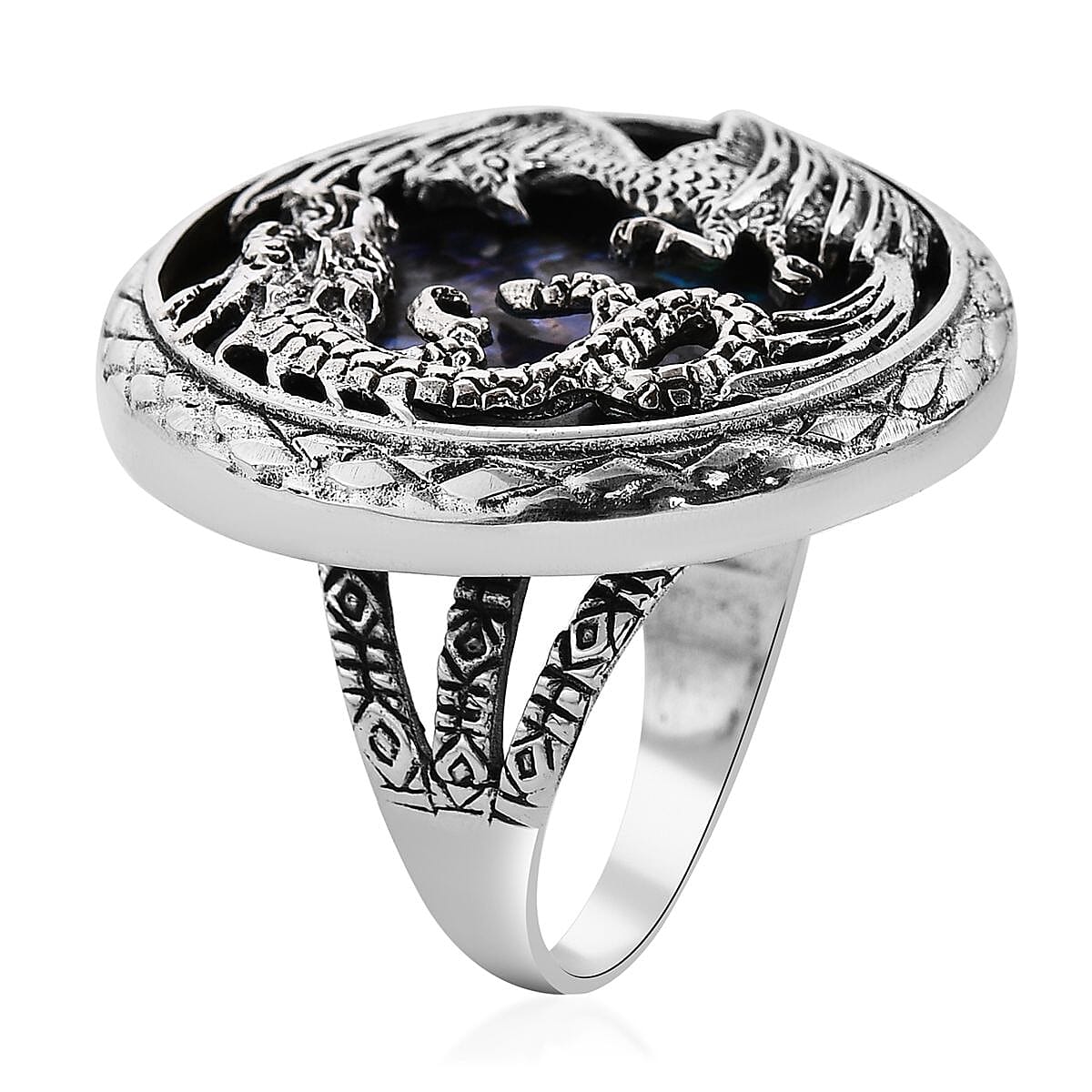 Bali Legacy Abalone Shell Lion and Dragon Ring in Sterling Silver (Size 10.0)