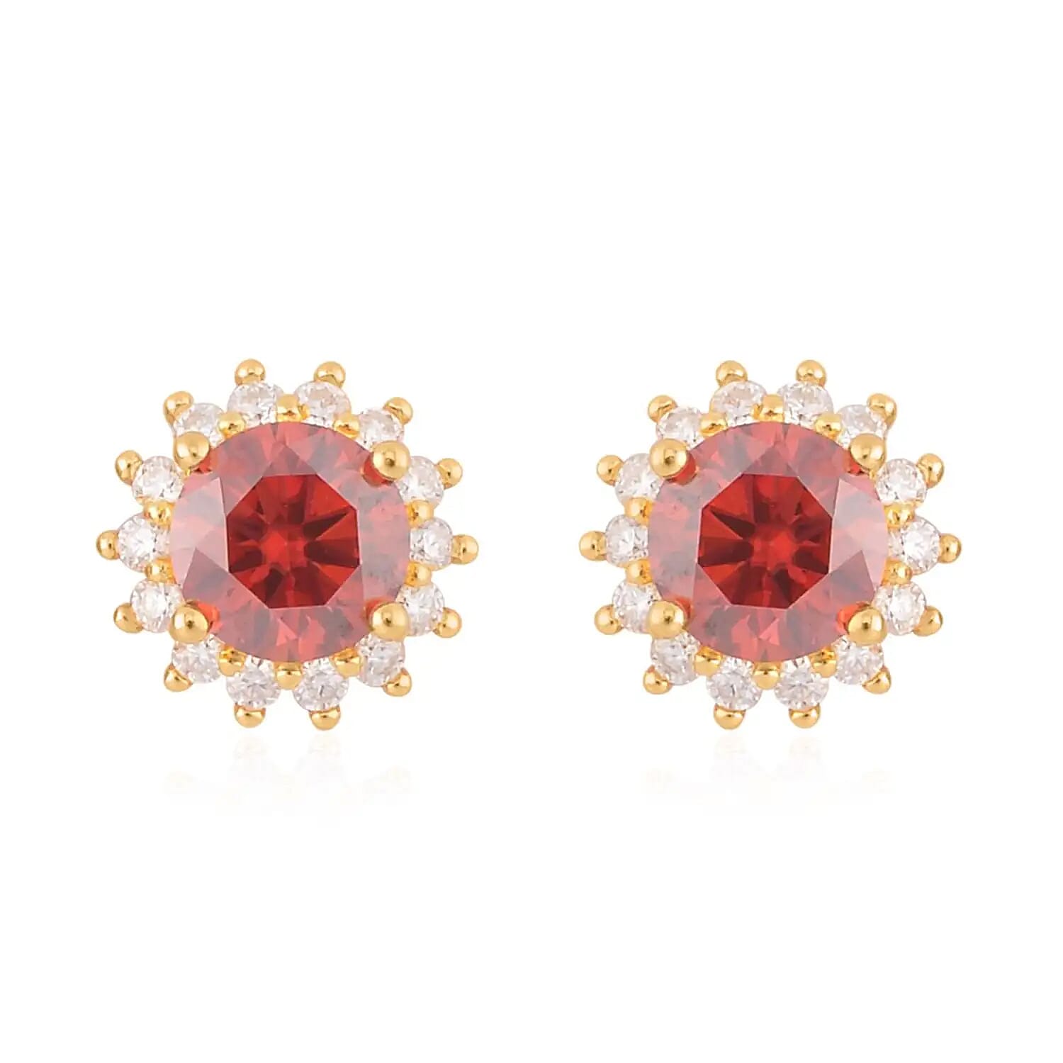 Red and White Moissanite Sunburst Stud Earrings in Vermeil Yellow Gold Over Sterling Silver 2.30 ctw