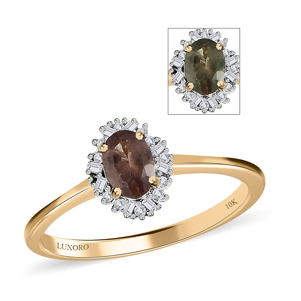 One Time Only Luxoro 10K Yellow Gold Premium Bekily Color Change Garnet, Diamond (0.15 cts) Ring (Size 10.0) 0.70 ctw