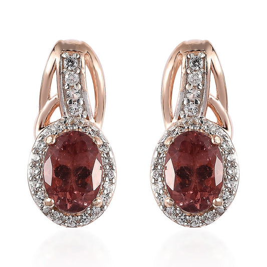 Red Rose Apatite and White Zircon Omega Clip Earrings in Vermeil Rose Gold Over Sterling Silver 2.00 ctw