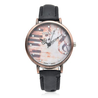 STRADA Japanese Movement Piano Pattern Dial Watch in Black Ostrich Embossed Faux Leather Strap