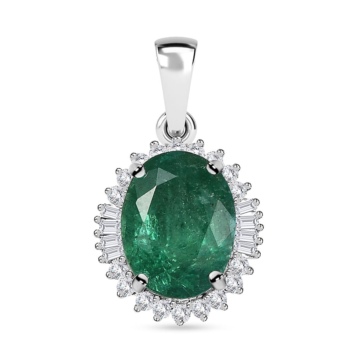 Luxoro 14K White Gold AAA Kagem Zambian Emerald and G-H I2 Diamond Halo Pendant without Chain 1.85 ctw