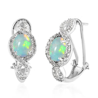 Premium Ethiopian Welo Opal and White Zircon Omega Clip Earrings in Platinum Over Sterling Silver 3.60 ctw