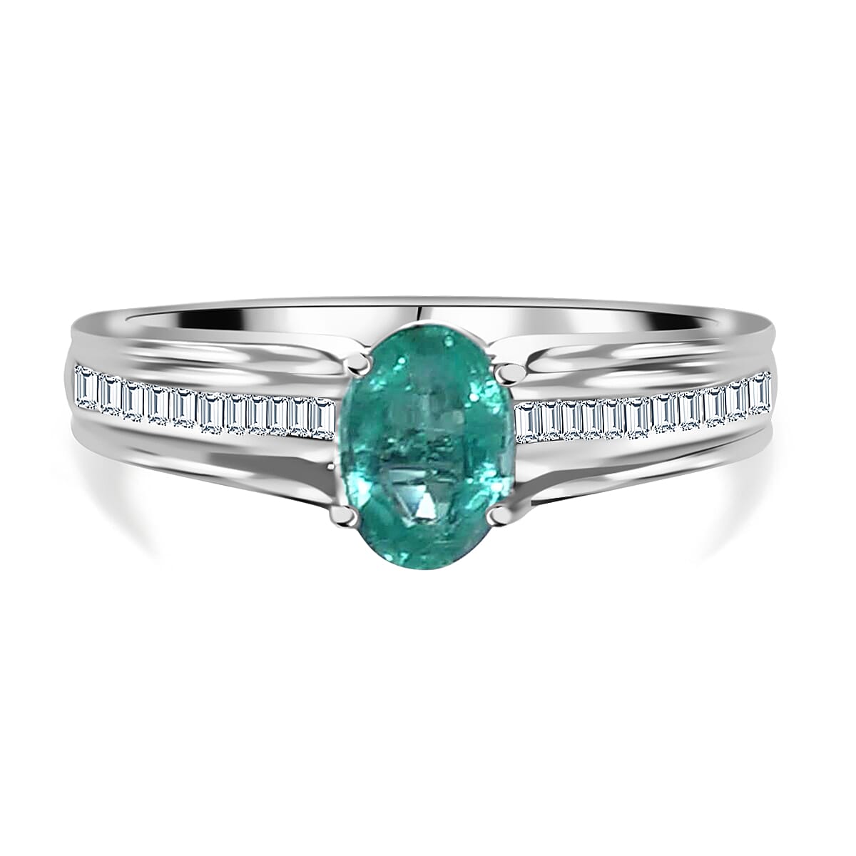 RHAPSODY 950 Platinum AAAA Ethiopian Emerald, Diamond (E-F, VS2) (0.20 cts) Bridge Ring (Size 8.0) (5.15 g) 1.00 ctw