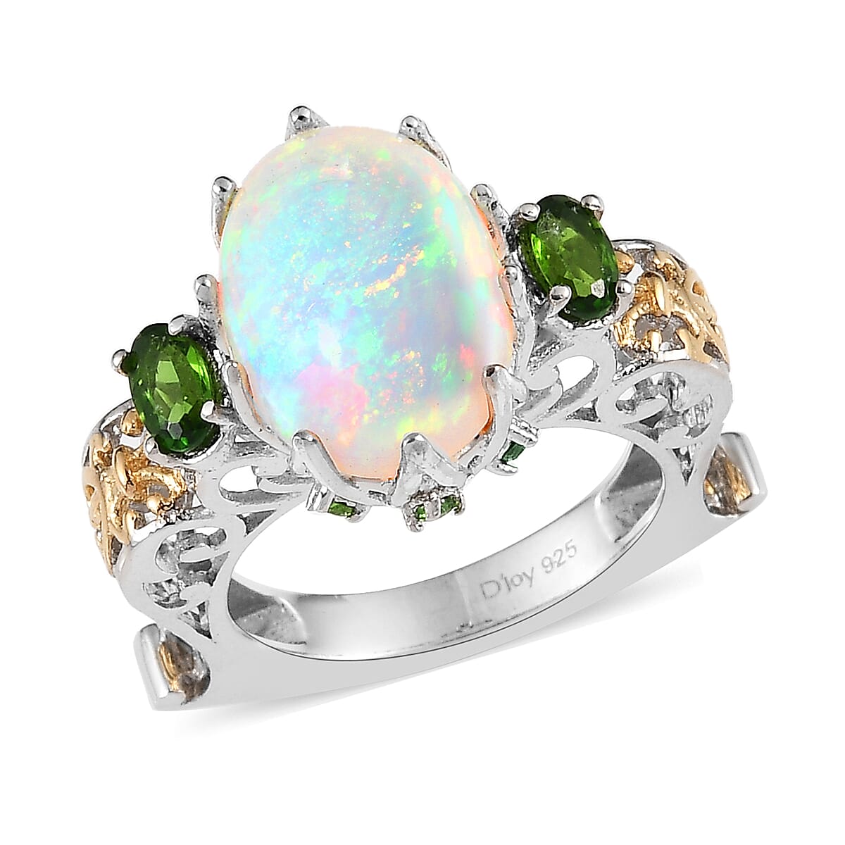 Premium Ethiopian Welo Opal and Chrome Diopside Ring in Vermeil YG and Platinum Over Sterling Silver 4.25 ctw