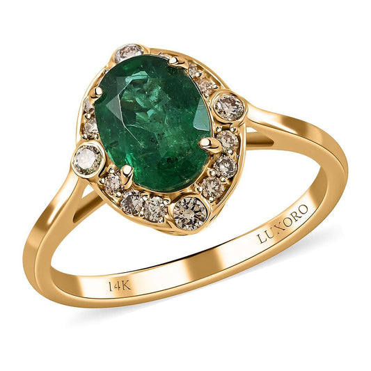 Certified Luxoro 14K Yellow Gold AAA Kagem Zambian Emerald and G-H I2 Diamond Ring 1.35 ctw (Del. in 3-5 Days)
