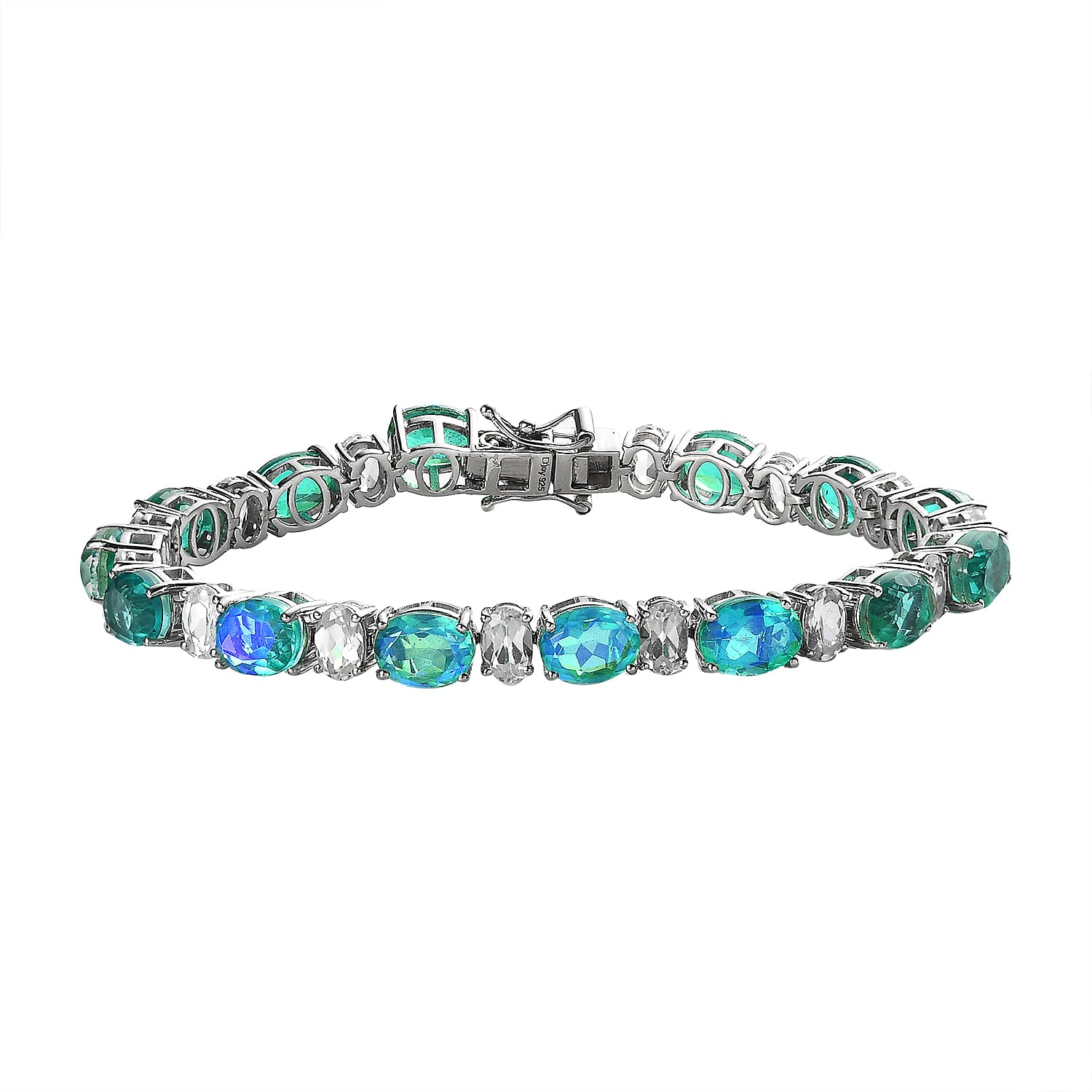 Peacock Quartz (Triplet) and White Zircon Tennis Bracelet in Platinum Over Sterling Silver (7.25 In) 29.75 ctw