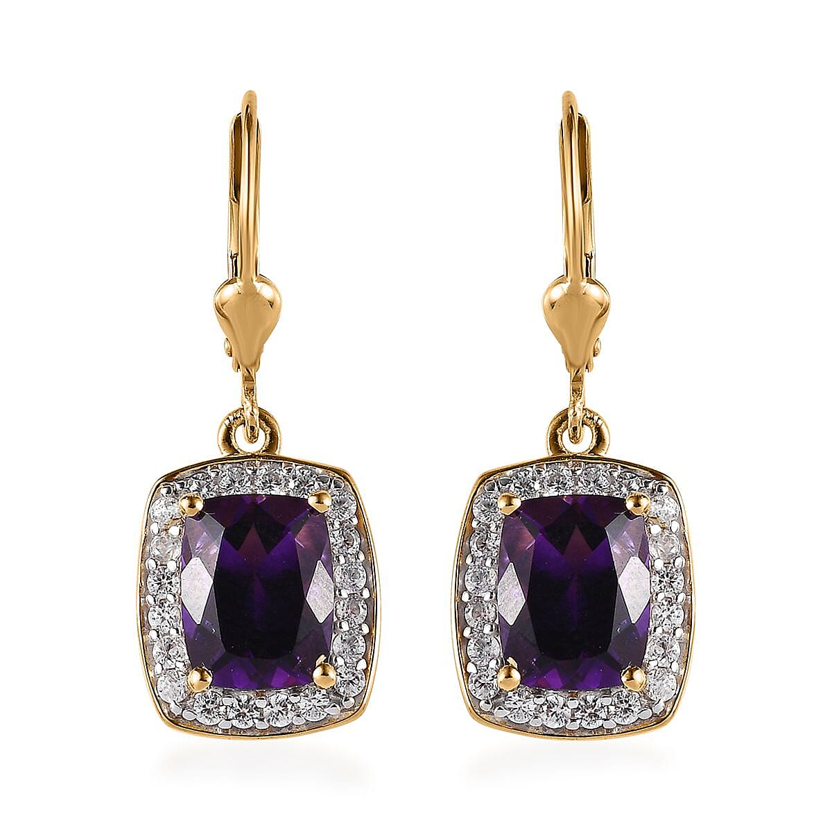 TLV Premium Moroccan Amethyst, White Zircon Lever Back Earrings in Vermeil YG Over Sterling Silver 5.10 ctw