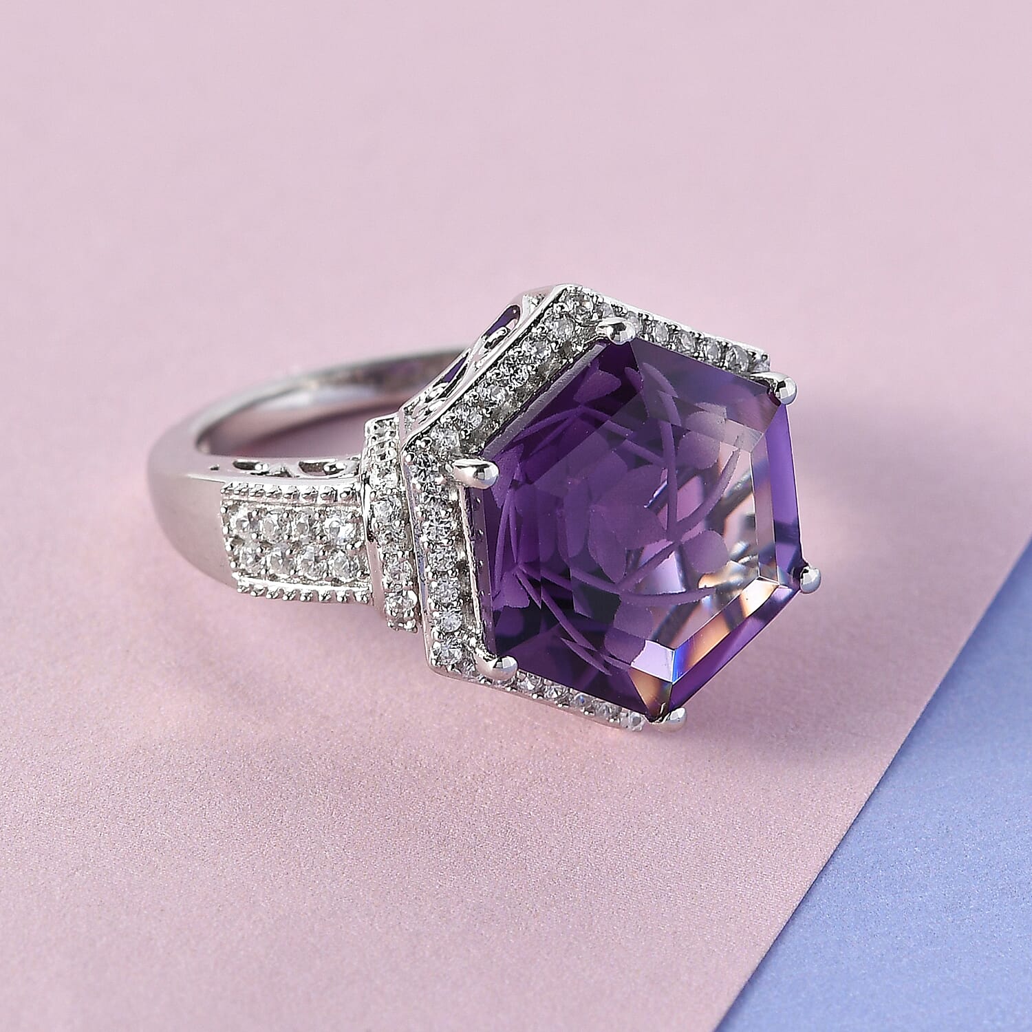 Amethyst and Natural White Zircon Ring in Platinum Over Sterling Silver 7.40 ctw (2)