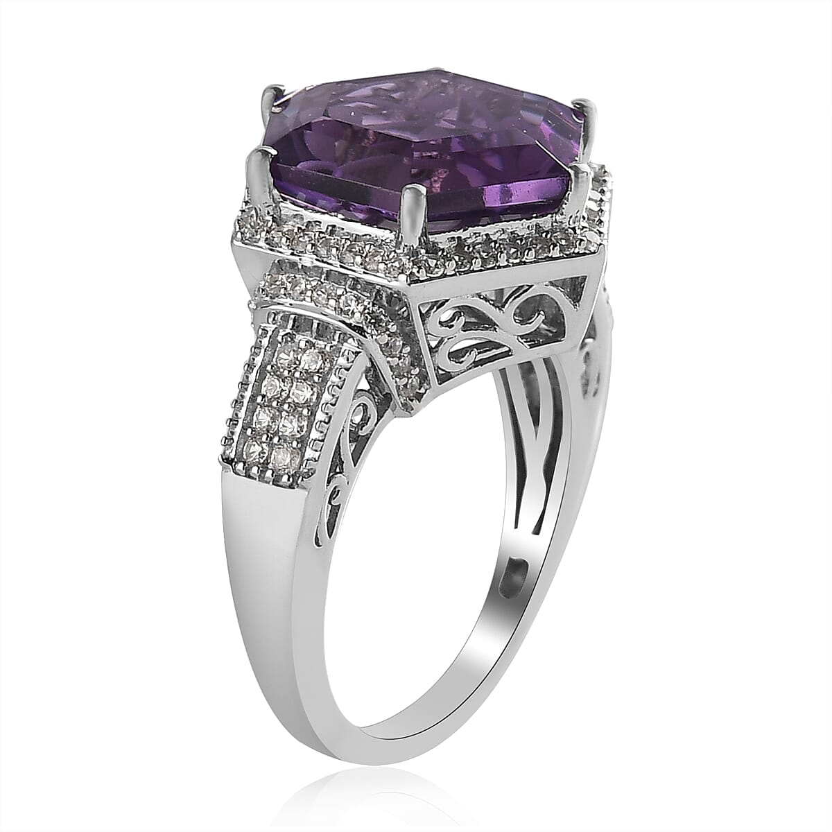 Amethyst and Natural White Zircon Ring in Platinum Over Sterling Silver 7.40 ctw (4)