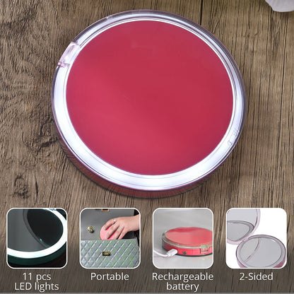Pink Rechargeable Two-Sided LED Portable Mirror