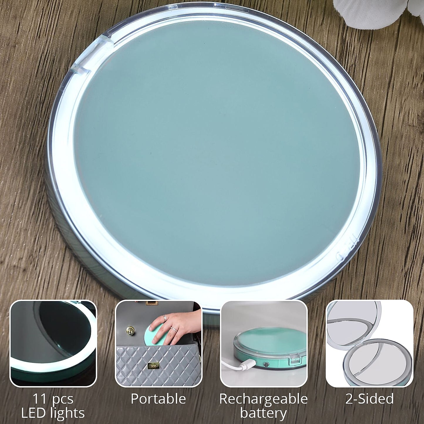 Pink Rechargeable Two-Sided LED Portable Mirror