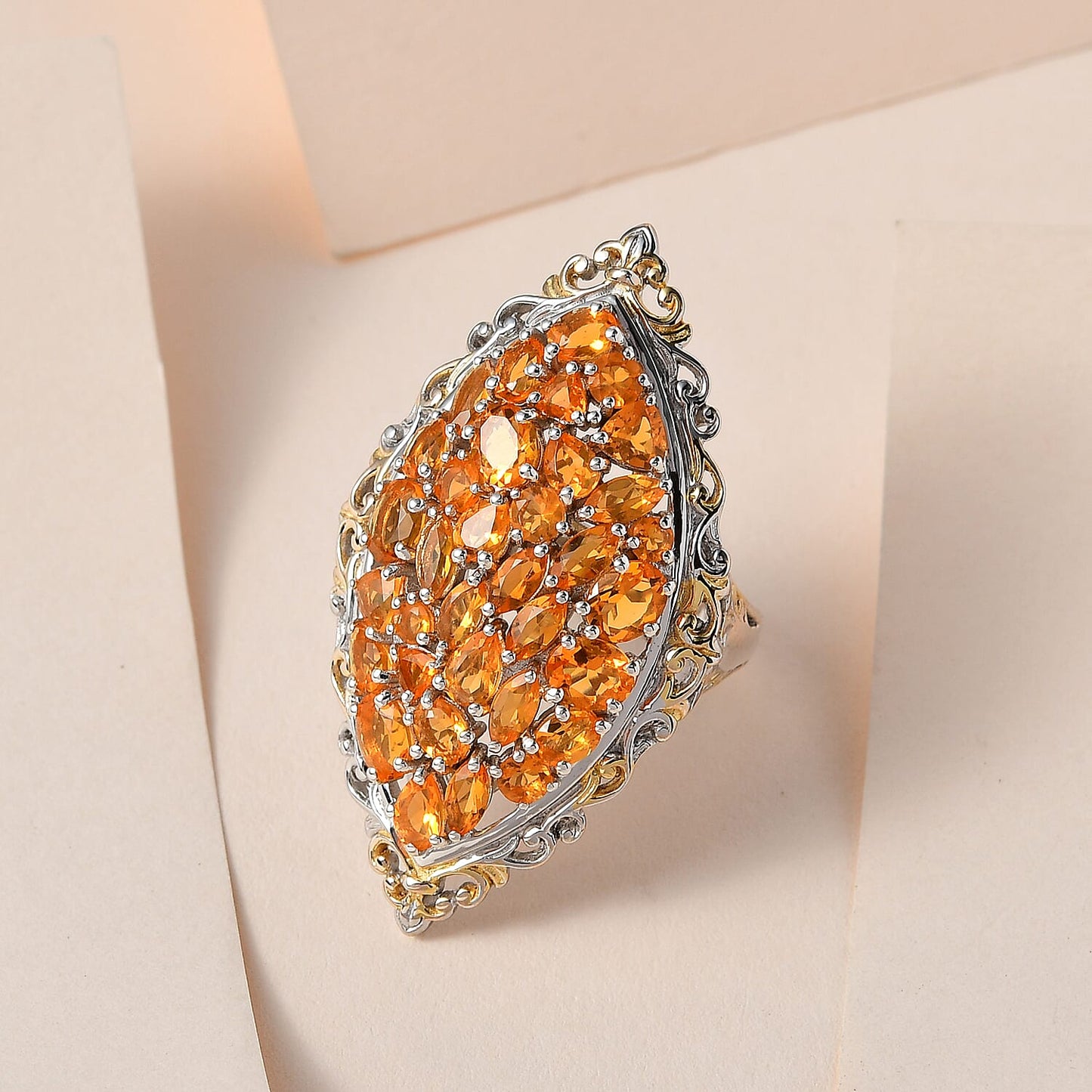 Salamanca Fire Opal Elongated Ring in Vermeil YG and Platinum Over Sterling Silver 4.10 ctw