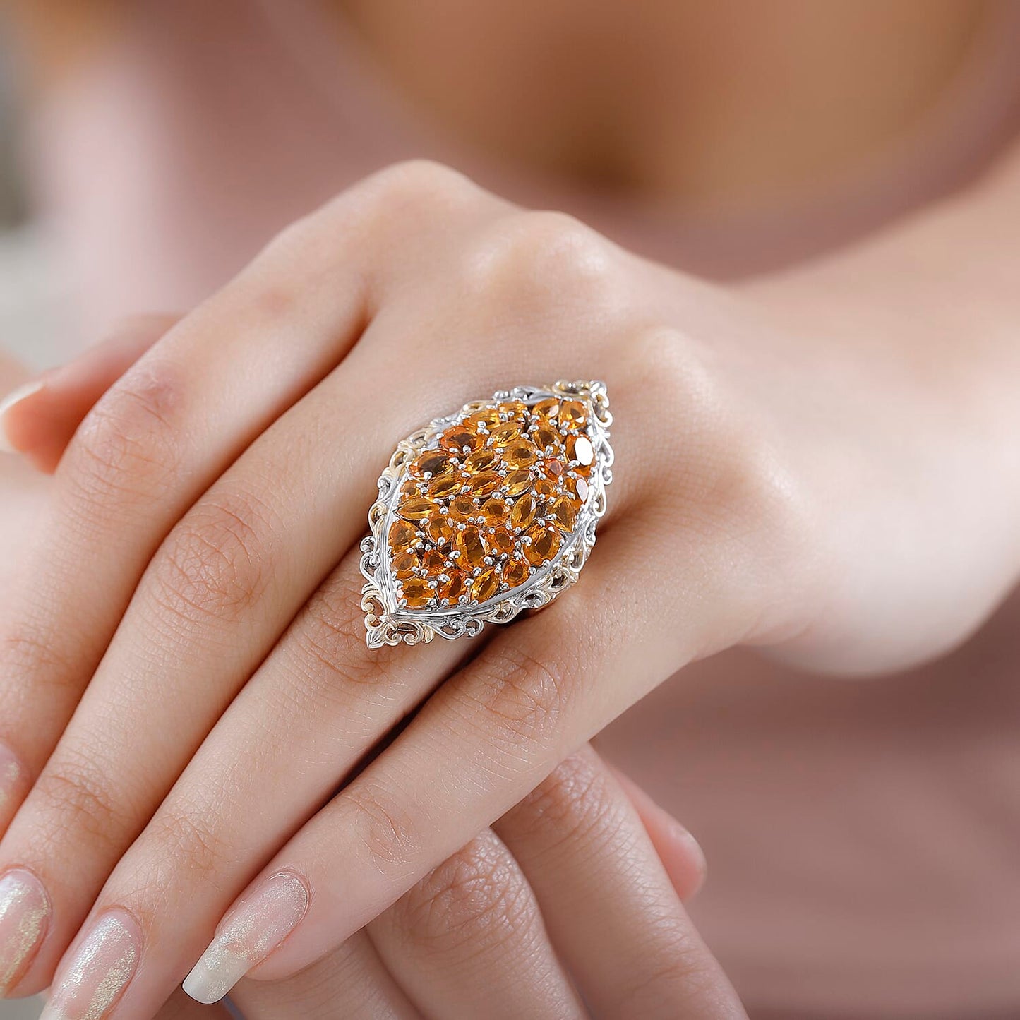 Salamanca Fire Opal Elongated Ring in Vermeil YG and Platinum Over Sterling Silver 4.10 ctw