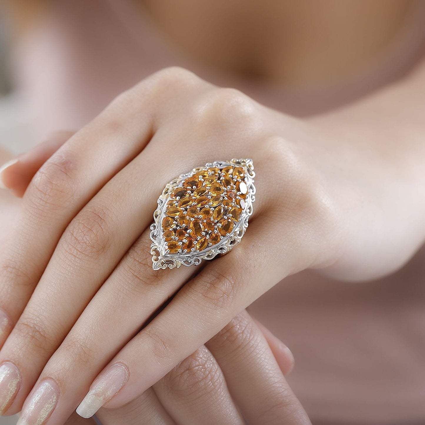 Salamanca Fire Opal Elongated Ring in Vermeil YG and Platinum Over Sterling Silver 4.10 ctw