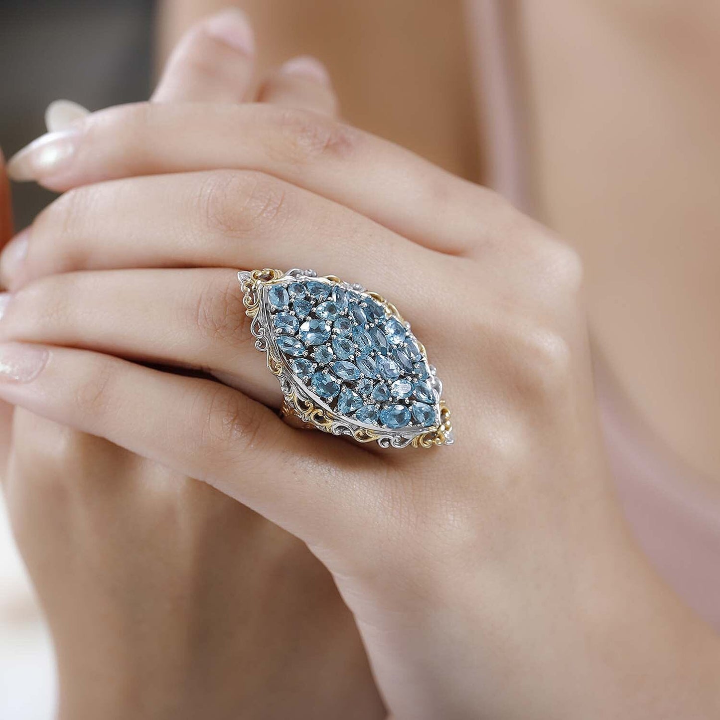 Salamanca Fire Opal Elongated Ring in Vermeil YG and Platinum Over Sterling Silver 4.10 ctw