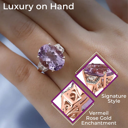 AAA Rose De France Amethyst and White Zircon Ring in Vermeil Rose Gold Over Sterling Silver 9.20 ctw