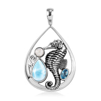 Sajen Silver Larimar and Multi Gemstone Seahorse Pendant in Platinum Over Sterling Silver 3.25 ctw