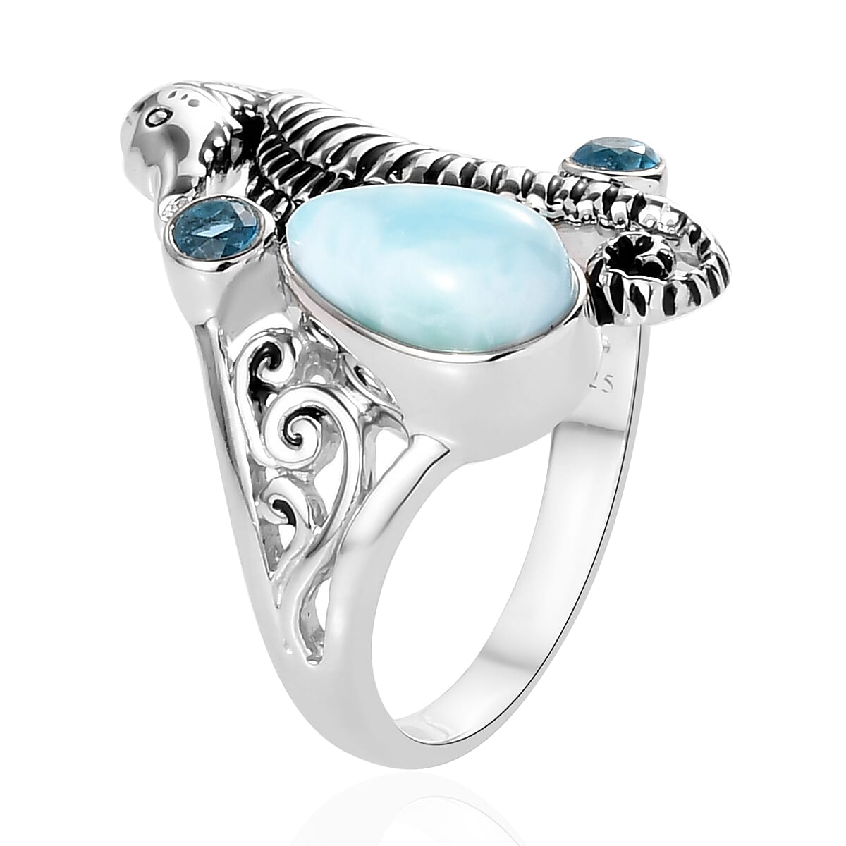 Sajen Silver Larimar and Quartz Doublet Celestial Blue Seahorse Ring in Platinum Over Sterling Silver (Size 10.0) 2.60 ctw