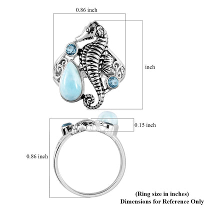 Sajen Silver Larimar and Quartz Doublet Celestial Blue Seahorse Ring in Platinum Over Sterling Silver (Size 10.0) 2.60 ctw