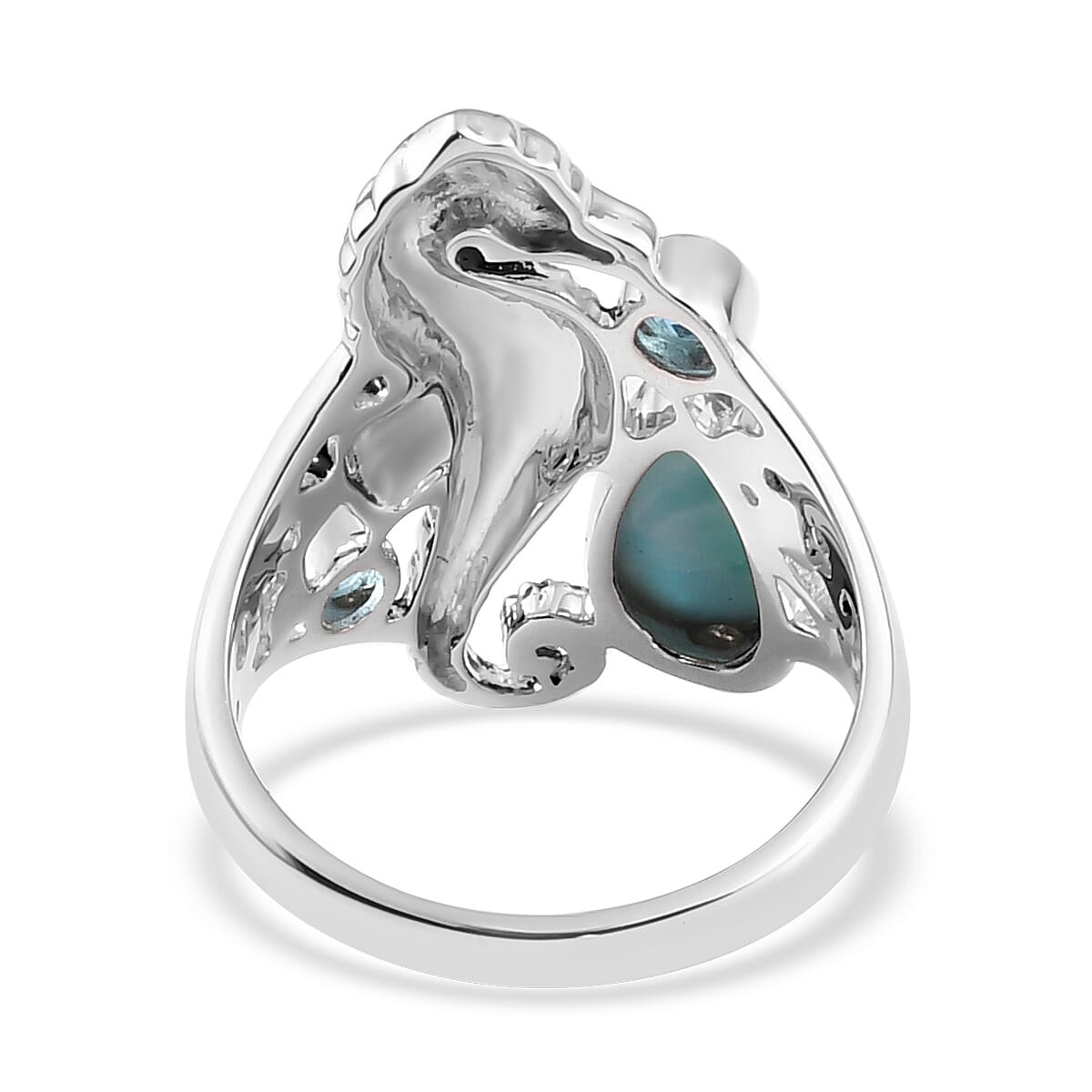 Sajen Silver Larimar and Quartz Doublet Celestial Blue Seahorse Ring in Platinum Over Sterling Silver (Size 10.0) 2.60 ctw