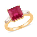 Asscher Cut Niassa Ruby (FF) and White Zircon Trilogy Ring in Vermeil Yellow Gold Over Sterling Silver (Size 10.0) 4.15 ctw - Sticky add to cart bar