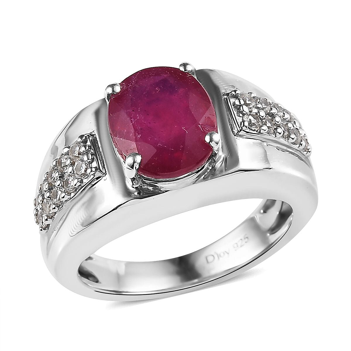 Niassa Ruby (FF) and White Zircon Men's Ring in Platinum Over Sterling Silver 5.40 ctw