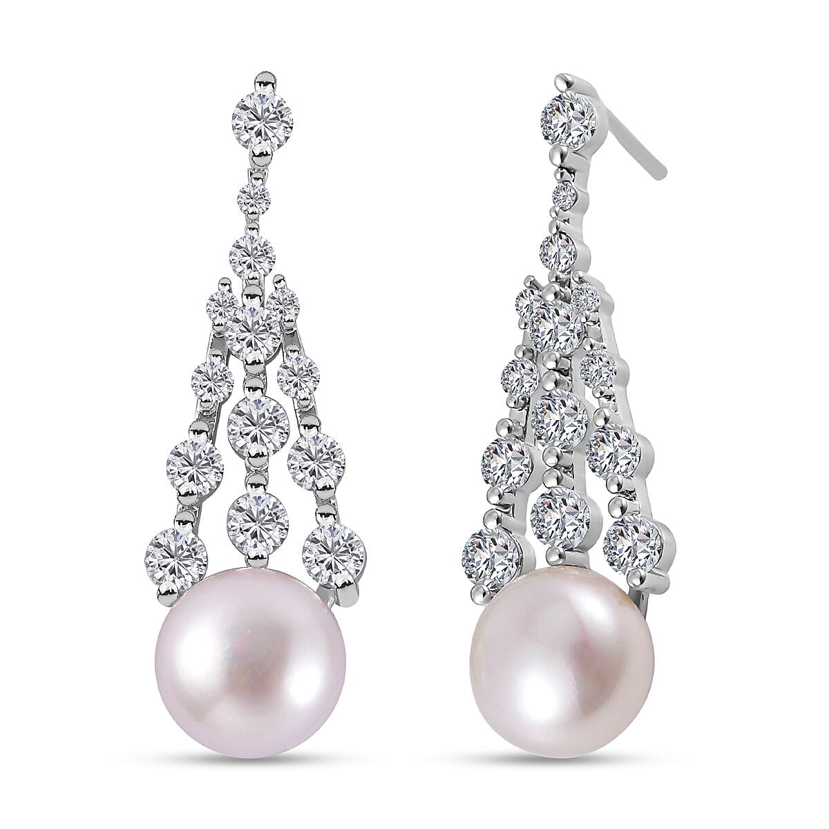White Freshwater Pearl and Simulated Diamond Earrings in Silvertone 0.60 ctw