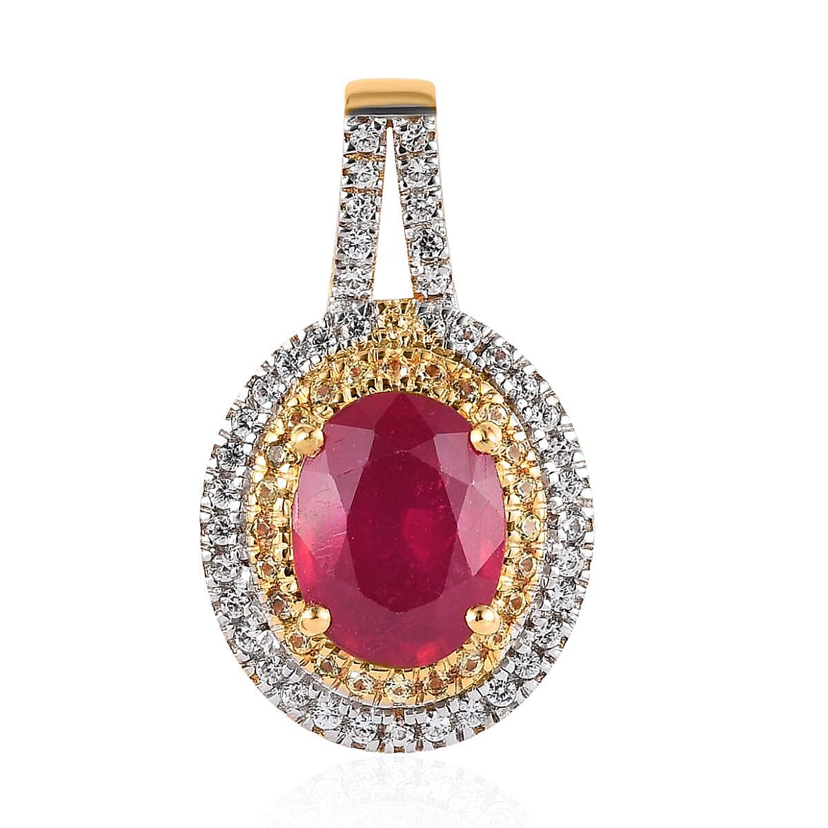 Premium Niassa Ruby (FF) and Multi Gemstone Double Halo Pendant in Vermeil Yellow Gold Over Sterling Silver 2.75 ctw