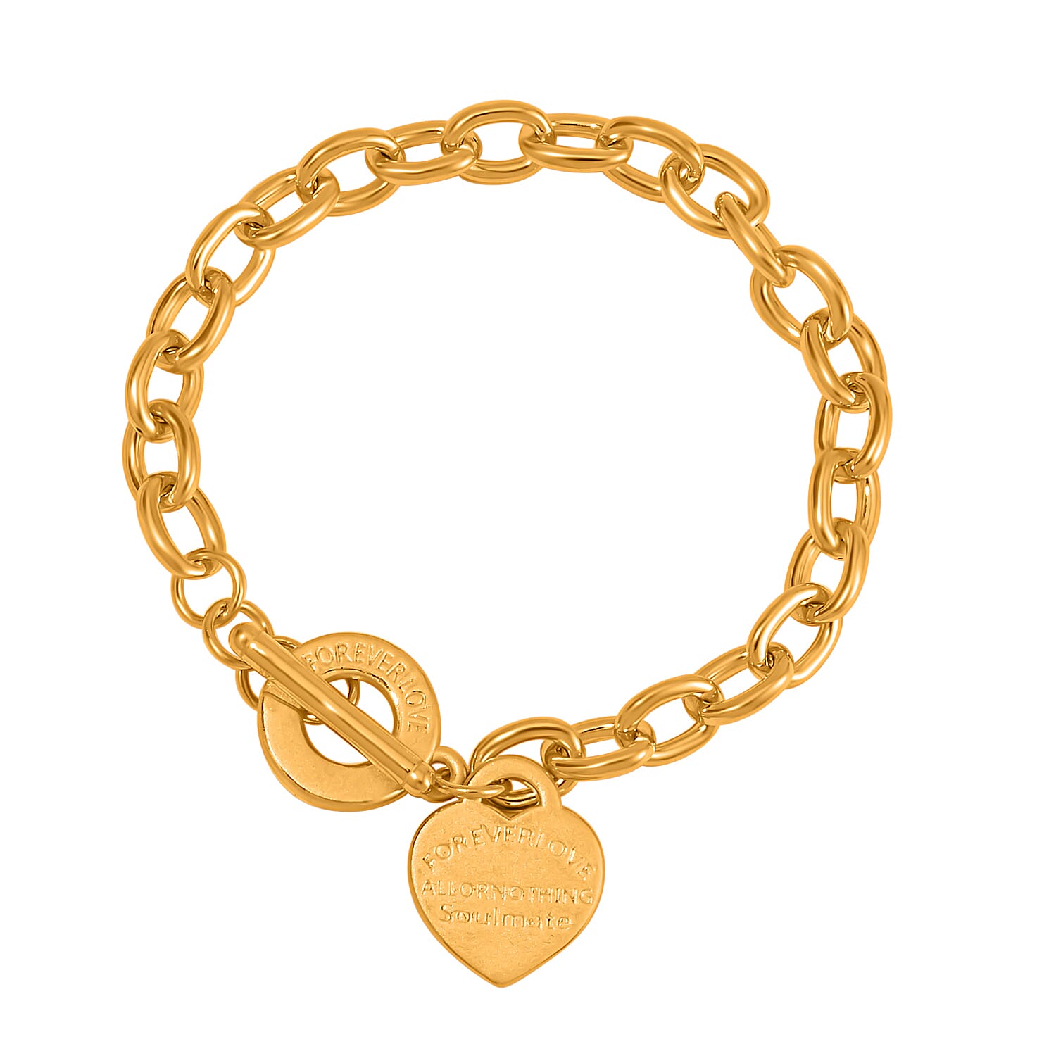 24K Yellow Gold Electroform Curb Chain Bracelet with Heart Charm (7.25 In) 8.90 Grams