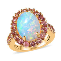 AAA Ethiopian Welo Opal and Morro Redondo Pink Tourmaline Halo Ring in Vermeil Yellow Gold Over Sterling Silver (Size 10.0) 5.20
