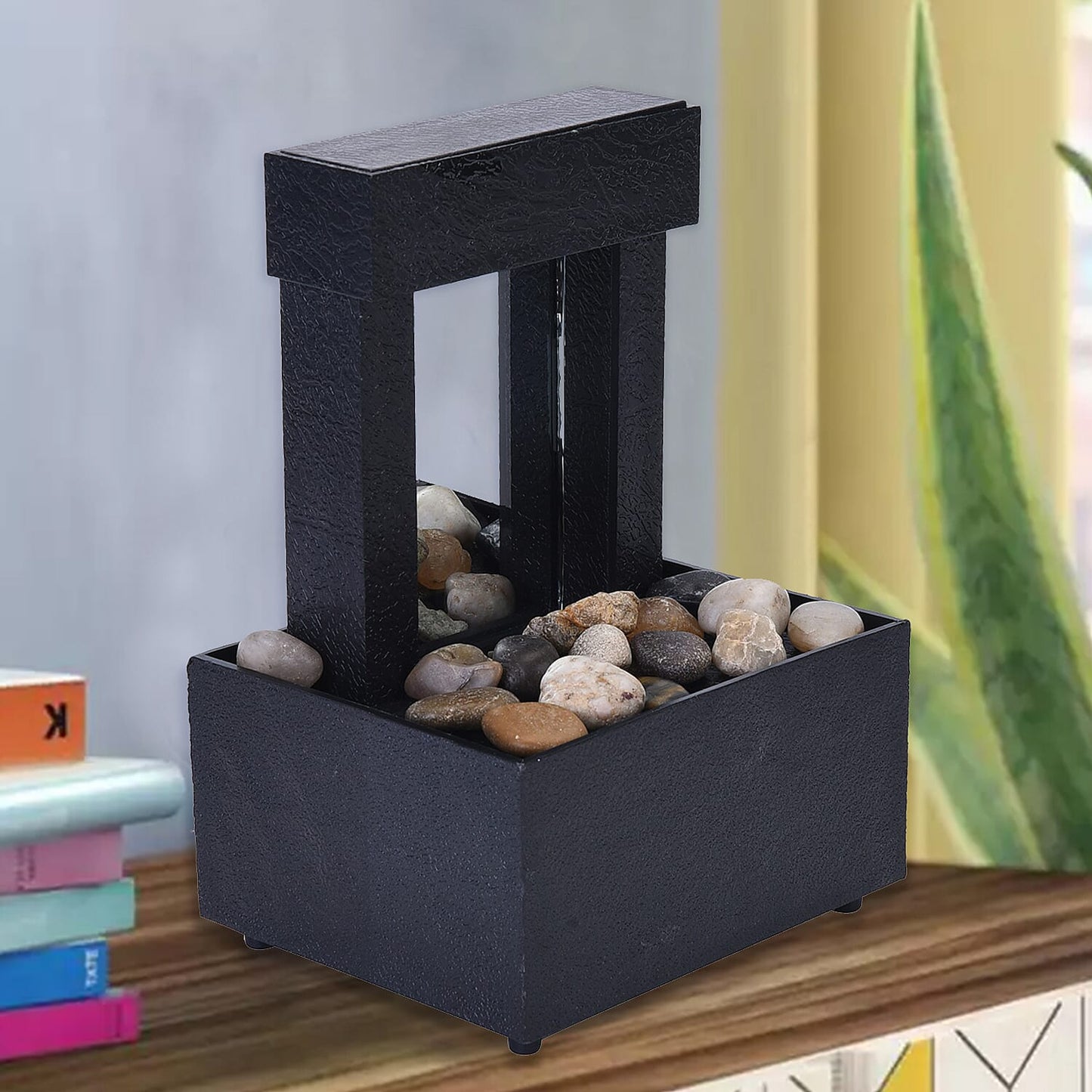 Black Mini Waterfalls Water Fountain with LED Light (4.33"x3.54"x6.69") (2xAA Battery Not Incclude)