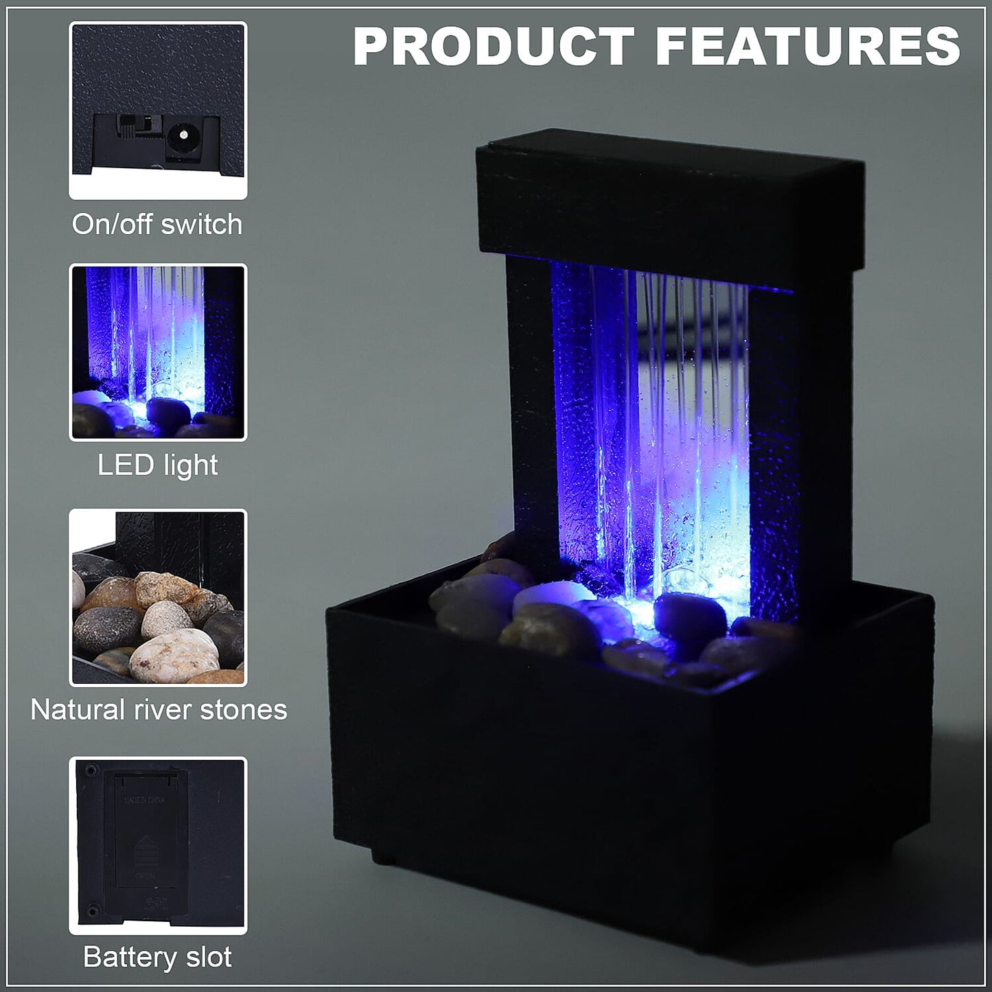Black Mini Waterfalls Water Fountain with LED Light (4.33"x3.54"x6.69") (2xAA Battery Not Incclude)