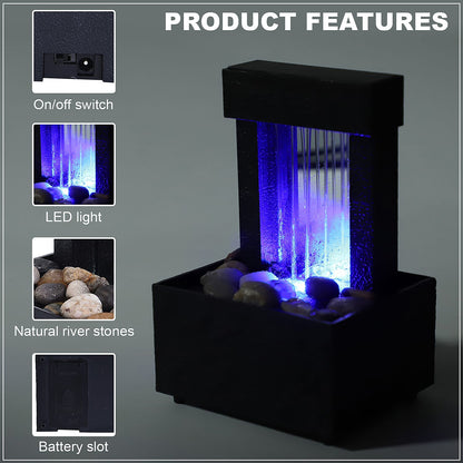 Black Mini Waterfalls Water Fountain with LED Light (4.33"x3.54"x6.69") (2xAA Battery Not Incclude)
