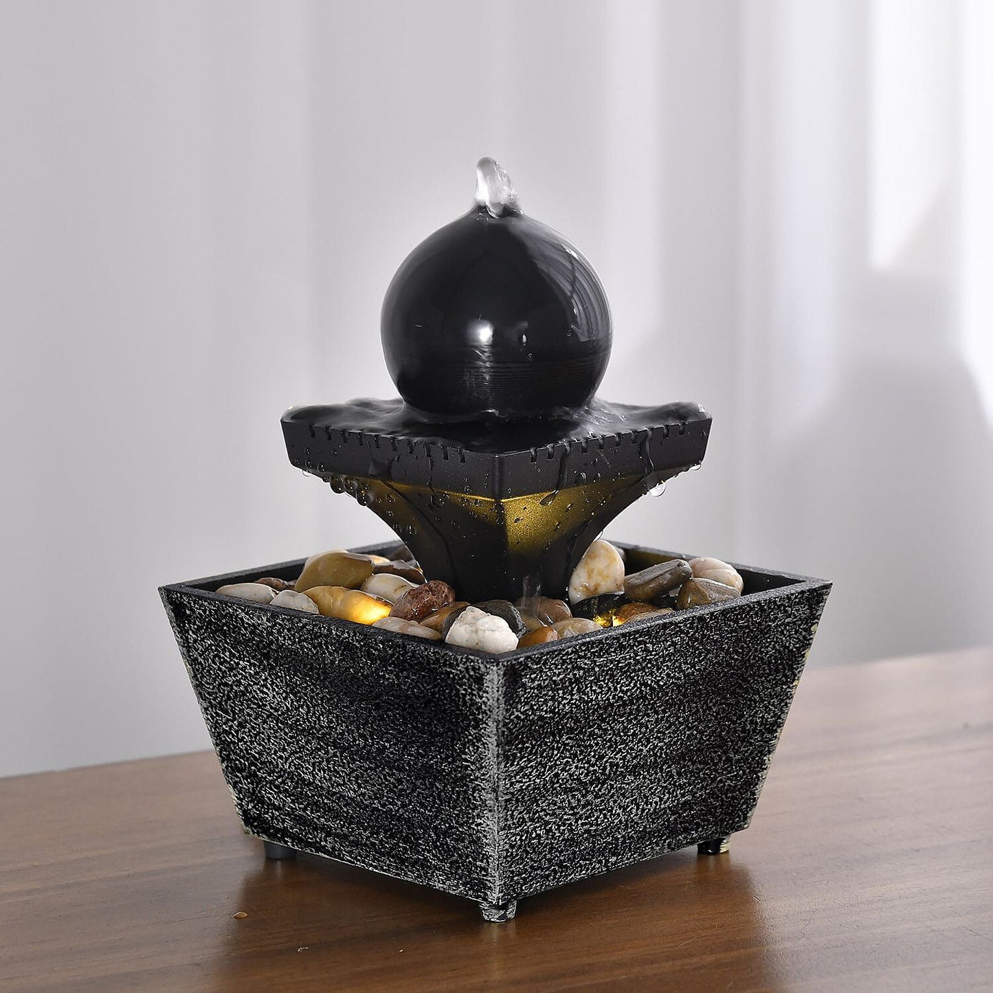 Black Mini Waterfalls Water Fountain with LED Light (4.33"x3.54"x6.69") (2xAA Battery Not Incclude)