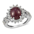Indian Star Ruby and Natural White Zircon Sunburst Ring in Platinum Over Sterling Silver 5.75 ctw