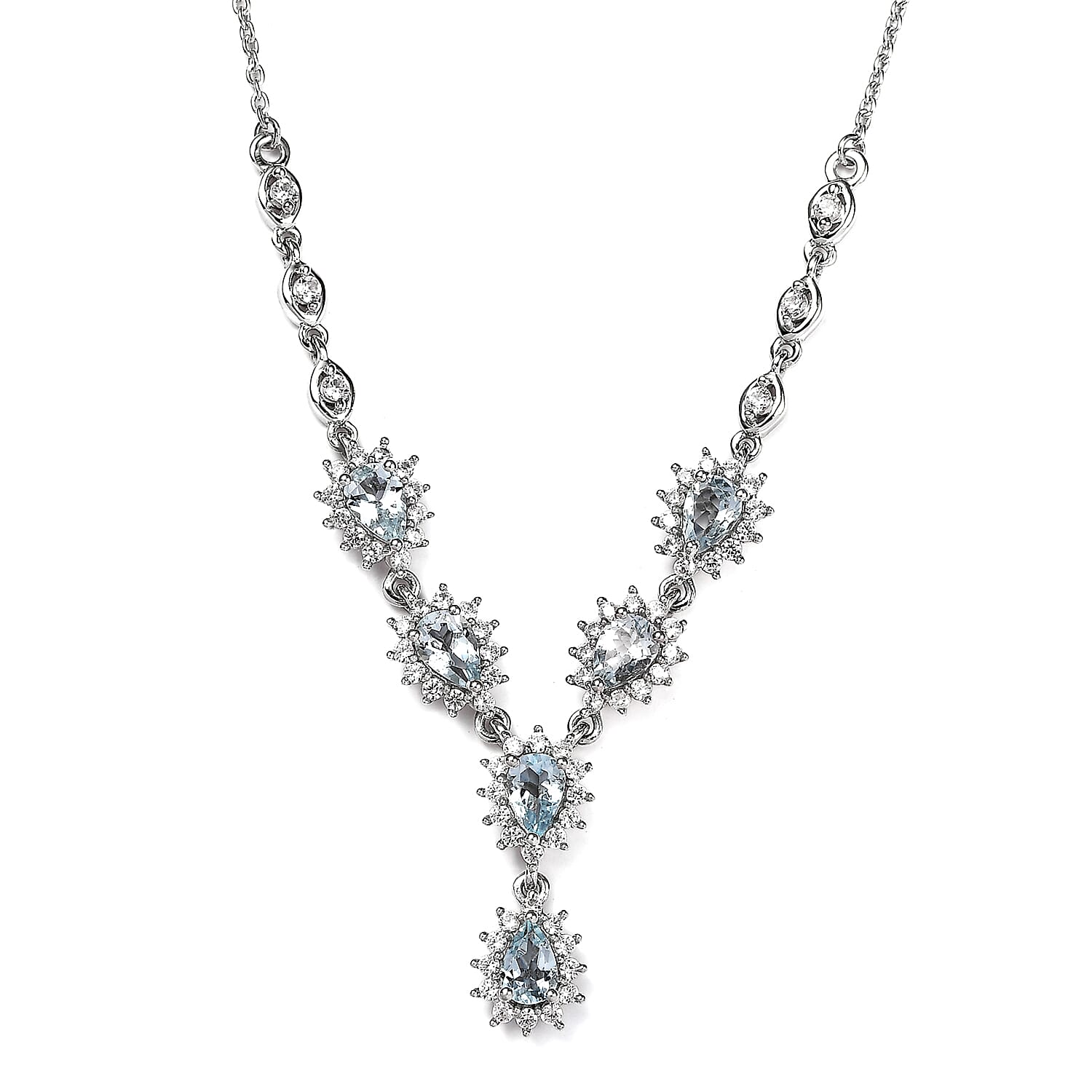 Premium Mangoro Aquamarine and White Zircon Necklace 18 Inches in Platinum Over Sterling Silver 3.75 ctw