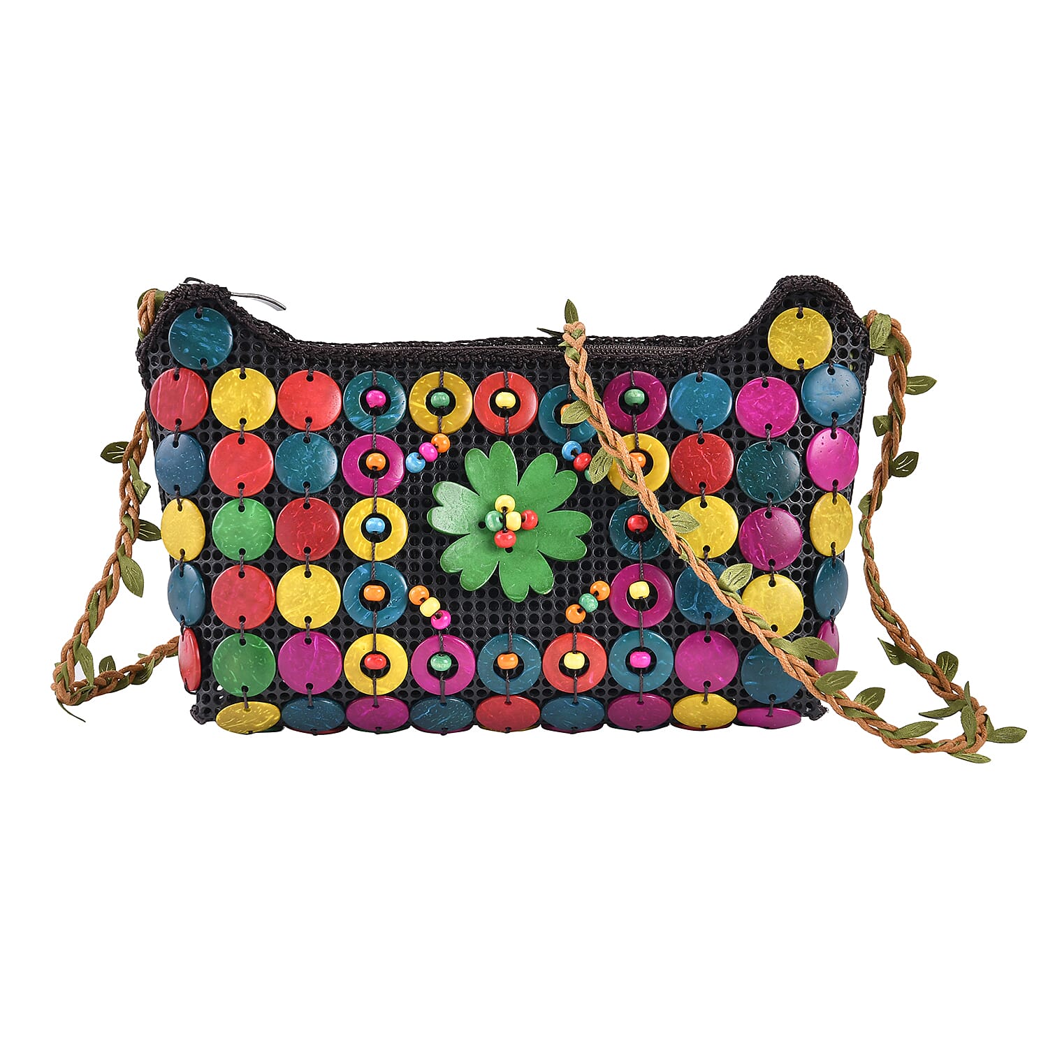 Multi Color Ethnic Style Handmade Coconut Shell Tote Bag (9.25"x5.31") with Shoulder Strap