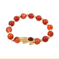 Pixiu Feng Shui Red Agate 9-10mm Beaded Bracelet in Goldtone (6.50-7.00In) 90.80 ctw - Sticky add to cart bar
