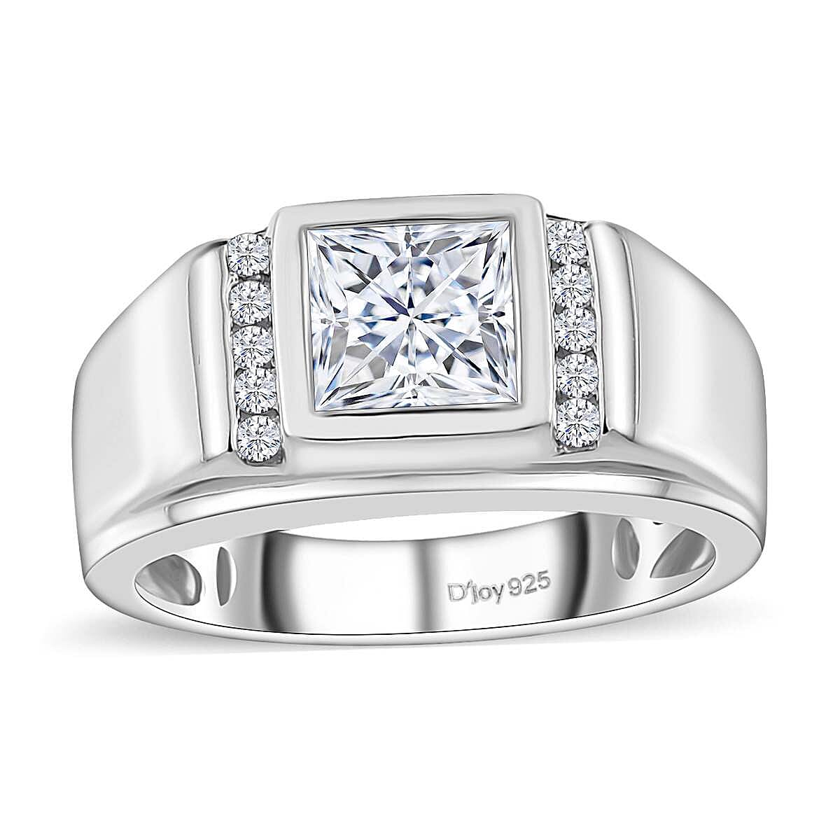 Moissanite (Sqr 7mm) Men's Ring in Platinum Over Sterling Silver (Size 10.0) 2.00 ctw