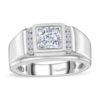 Moissanite (Sqr 7mm) Men's Ring in Platinum Over Sterling Silver (Size 10.0) 2.00 ctw