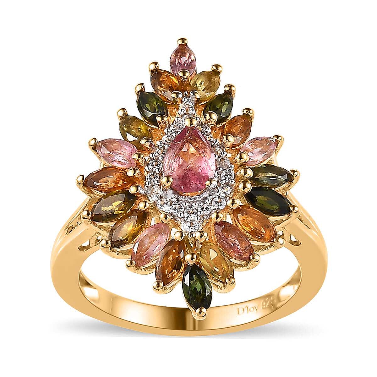 Multi-Tourmaline and White Zircon Floral Sparkle Ring in Vermeil Yellow Gold Over Sterling Silver (Size 10.0) 2.25 ctw