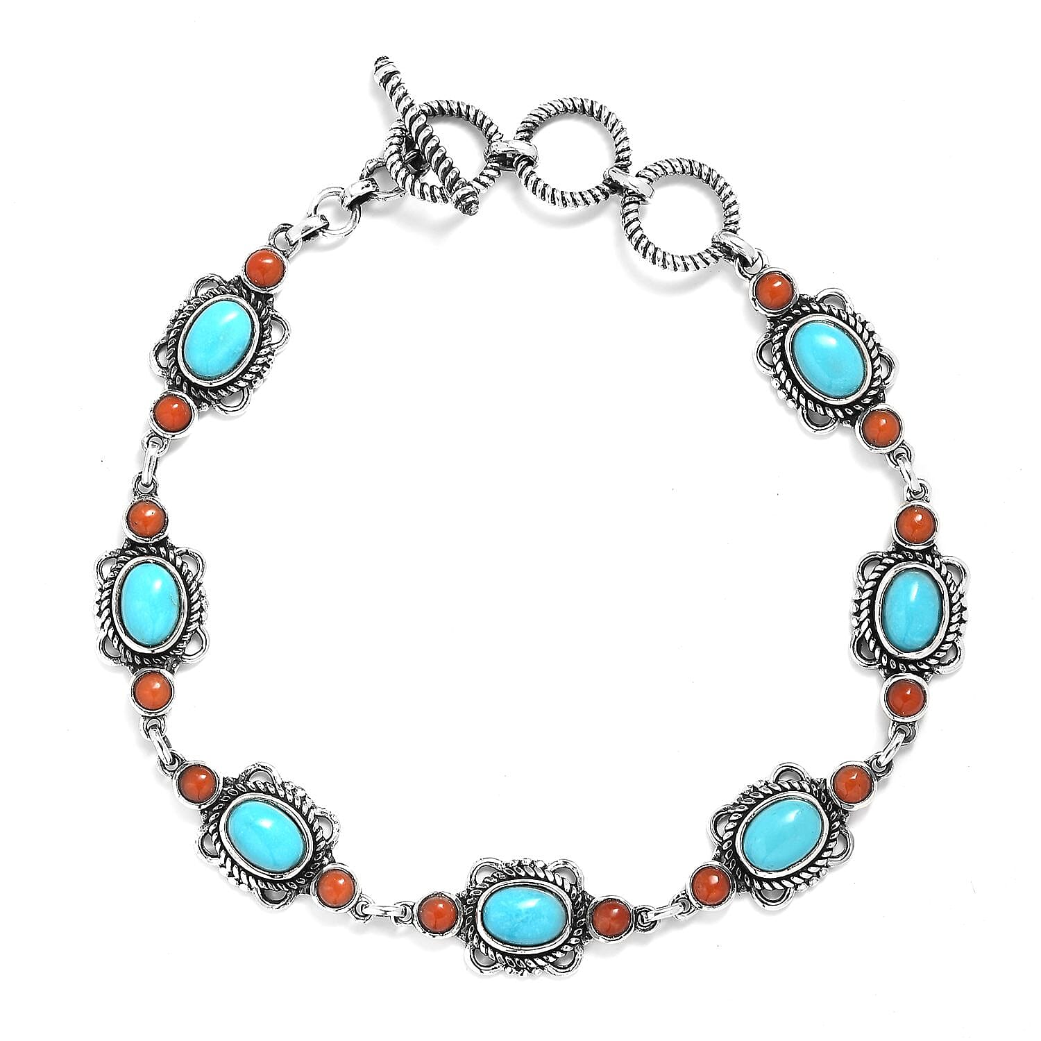 Sleeping Beauty Turquoise and Mediterranean Coral 5.25 ctw Toggle Clasp Bracelet in Sterling Silver (7.25 In) with Extender