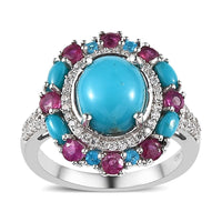 Sleeping Beauty Turquoise, Multi Gemstone Floral Ring in Platinum Over Sterling Silver (Size 10.0) 4.10 ctw